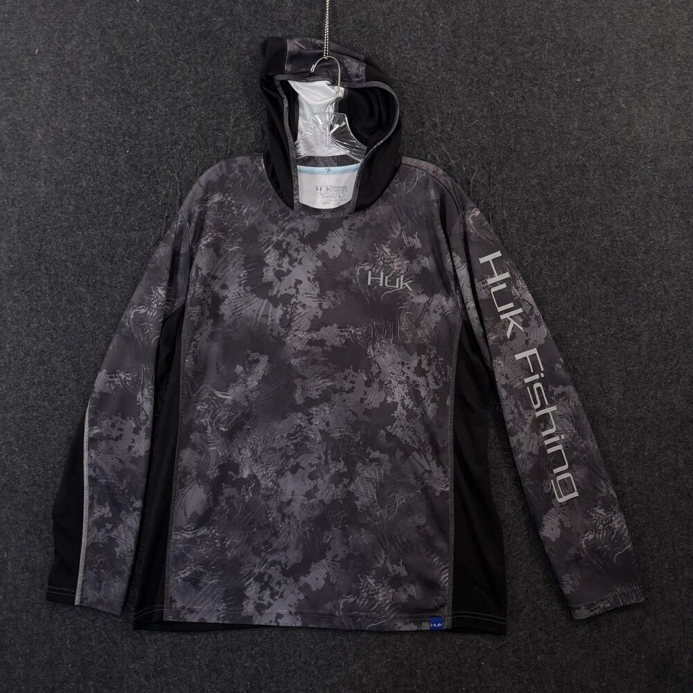 Huk Performance Fishing Hoodie Shirt Men's Large Gray Camo Long Sleeve Mesh